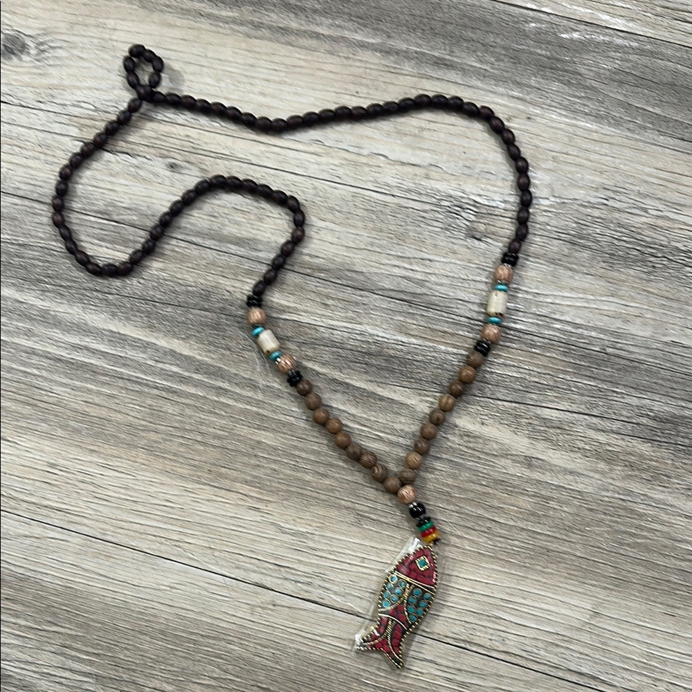 5/$25 Bohemian Fish Pendant Necklace - Brown and Turquoise NWOT